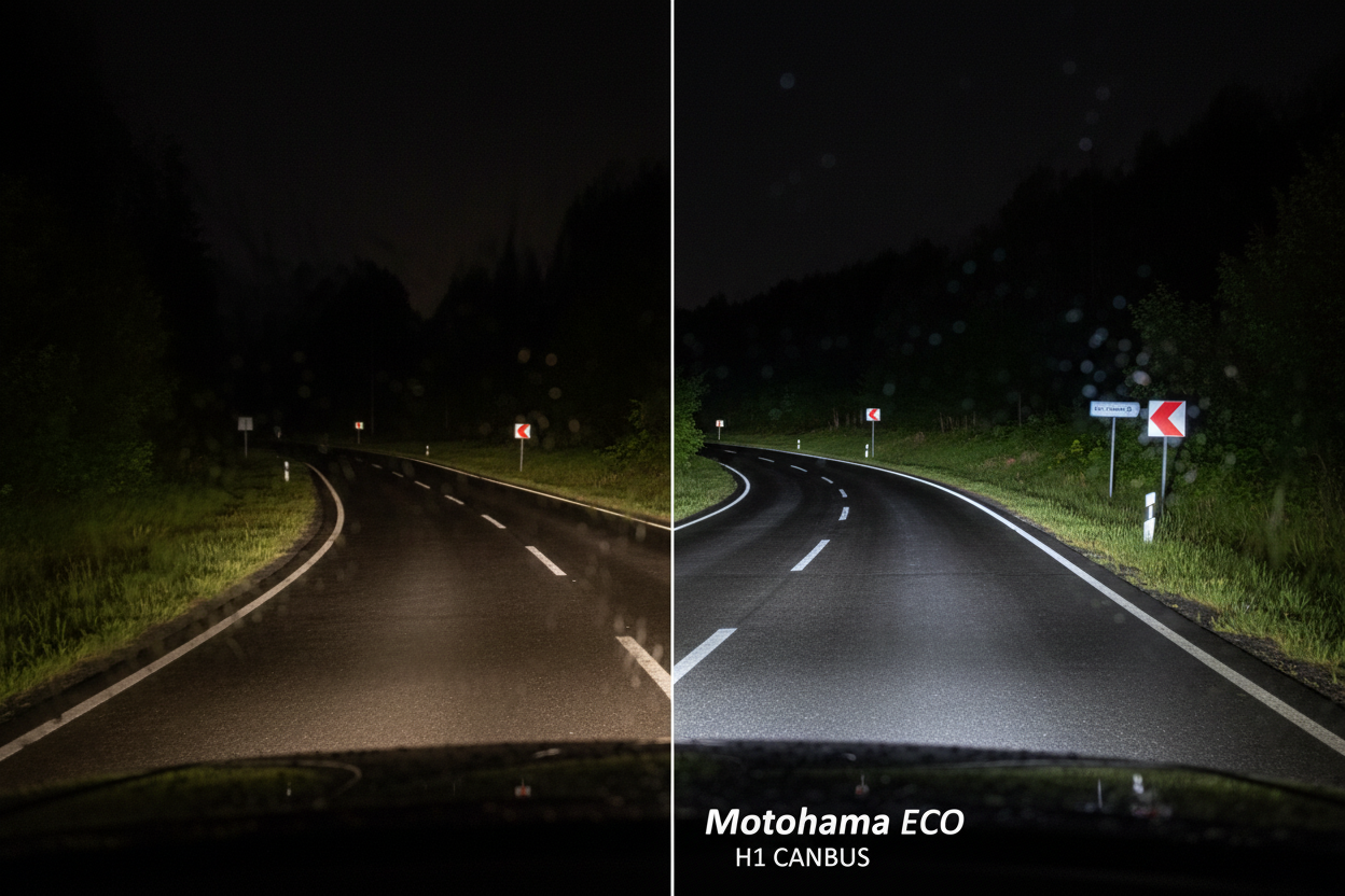 Сравнение халоген vs LED CANBUS H1 — повече светлина