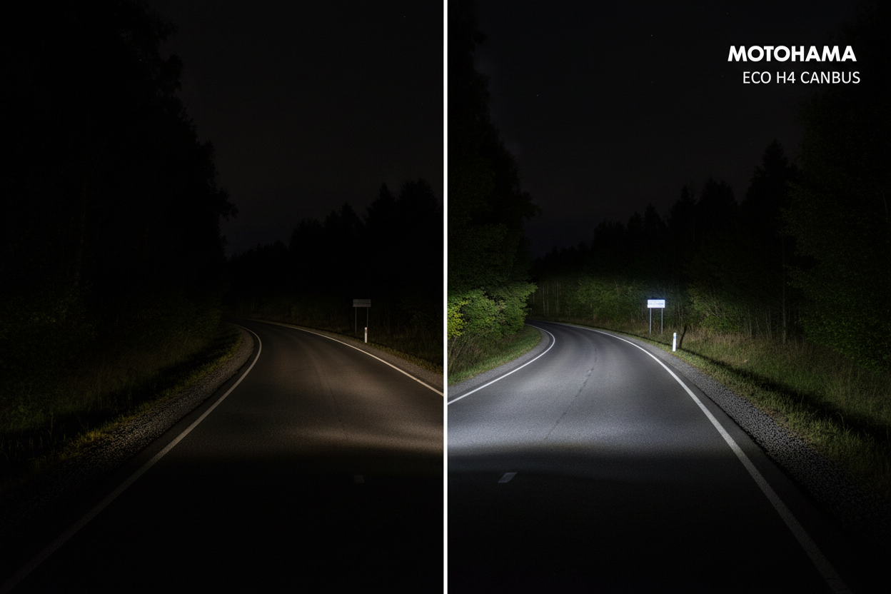 Сравнение халоген vs LED CANBUS H4 — повече светлина