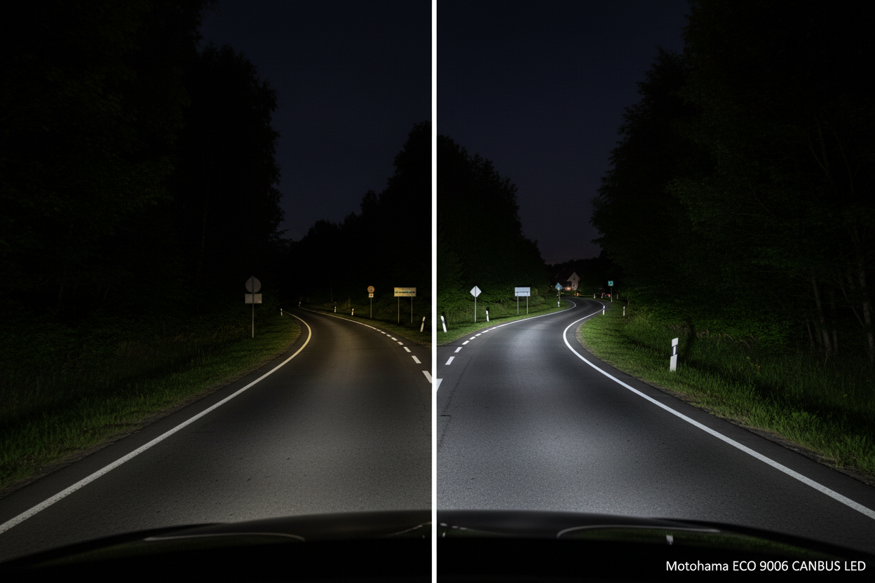 Сравнение халоген vs LED CANBUS 9006 — повече светлина