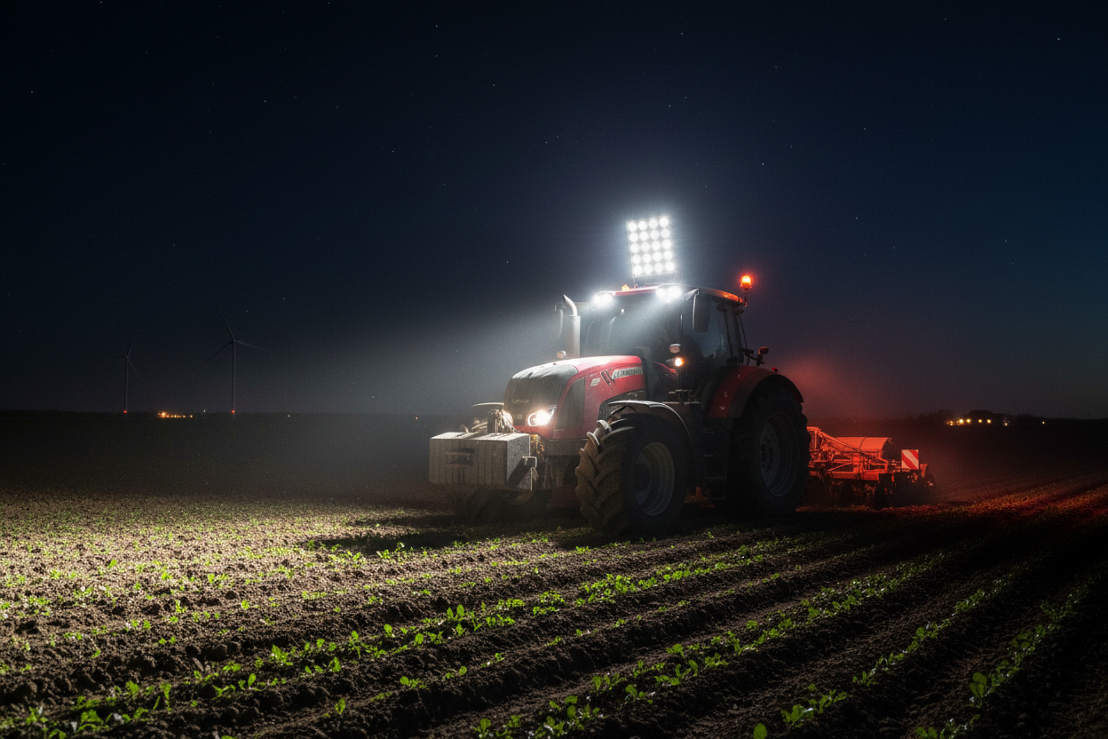 LED халоген монтиран на трактор нощем